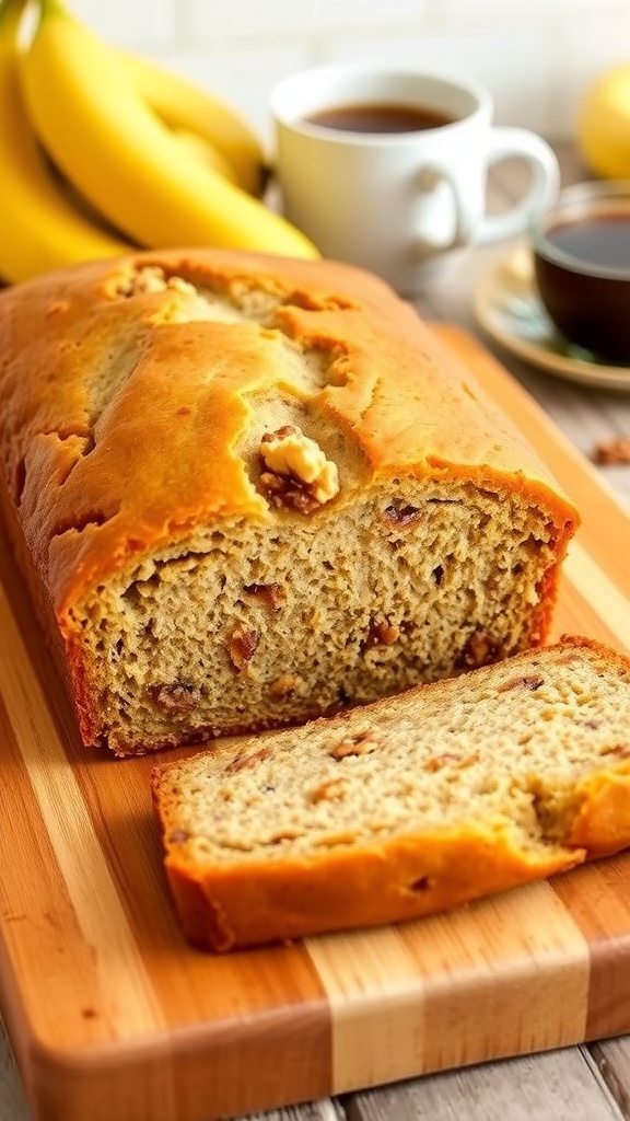 A loaf of low carb banana bread sliced on a cutting board, with walnuts and bananas in the background.